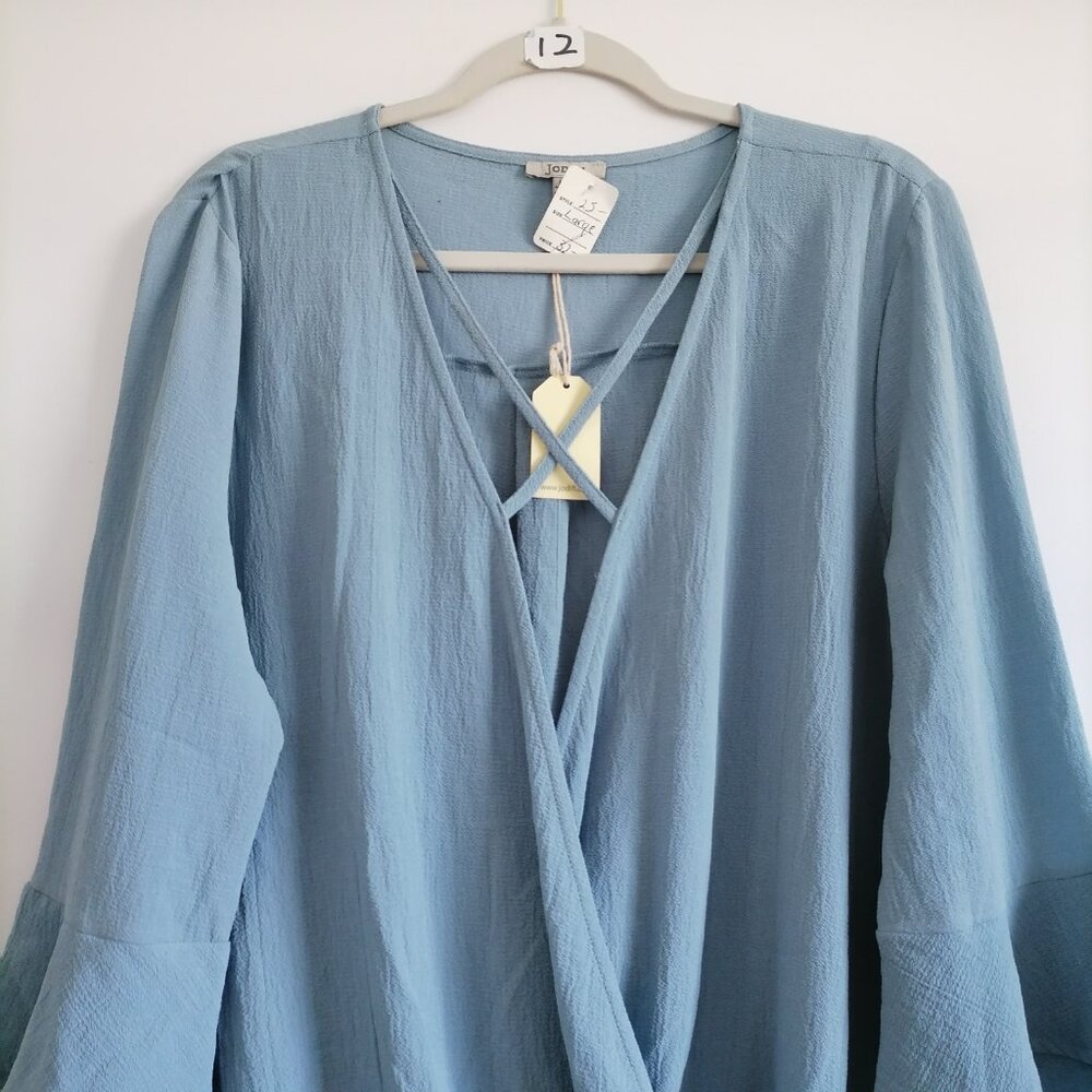 NWT Jodifl Womens Gray Bell Sleeve Surplice Neck Faux Wrap Blouse Top Size L - Picture 2 of 7